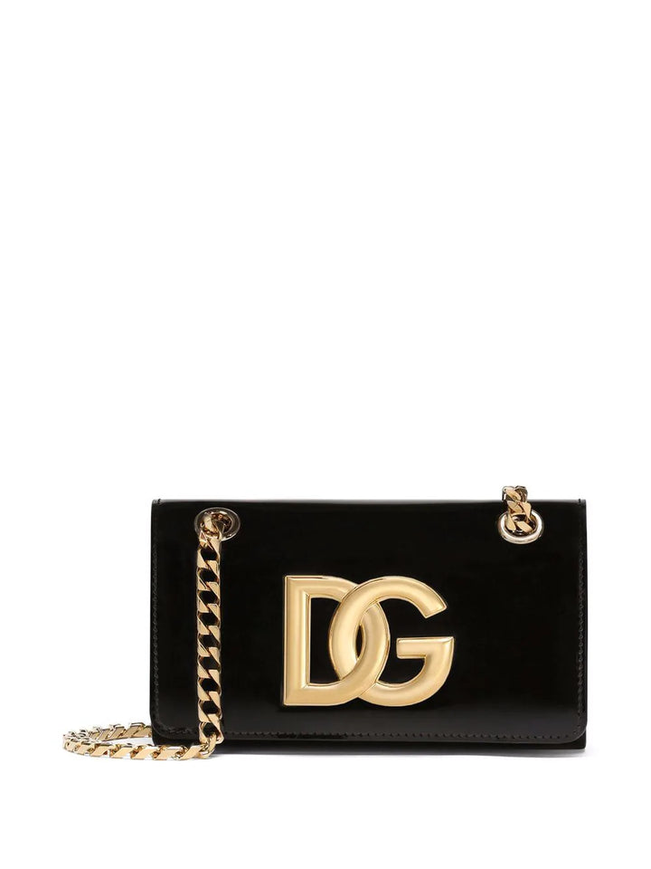 DOLCE & GABBANA Black & Gold Tone Logo 3.5 polished leather Phone Bag Veronique Luxury Collections