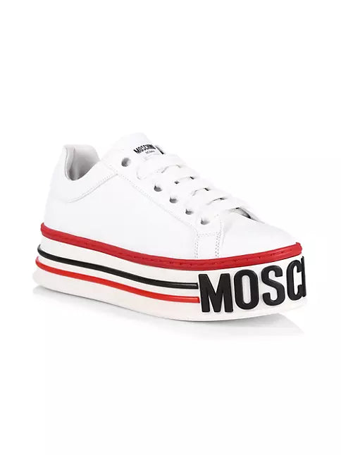 Copy of MOSCHINO MILANO  White Leather Cassetta Trainers logo-embossed platform sneakers Veronique Luxury Collections