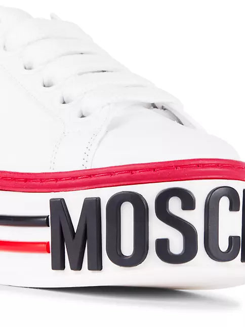 Copy of MOSCHINO MILANO  White Leather Cassetta Trainers logo-embossed platform sneakers Veronique Luxury Collections