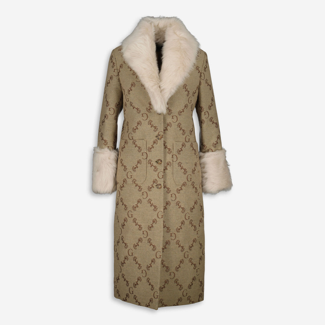 GANT  Toffee Beige Wool Jacquard Monogram Coat Veronique Luxury Collections