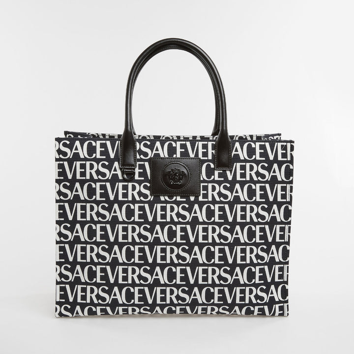 VERSACE  Black & White Logo Text Tote Bag Veronique Luxury Collections
