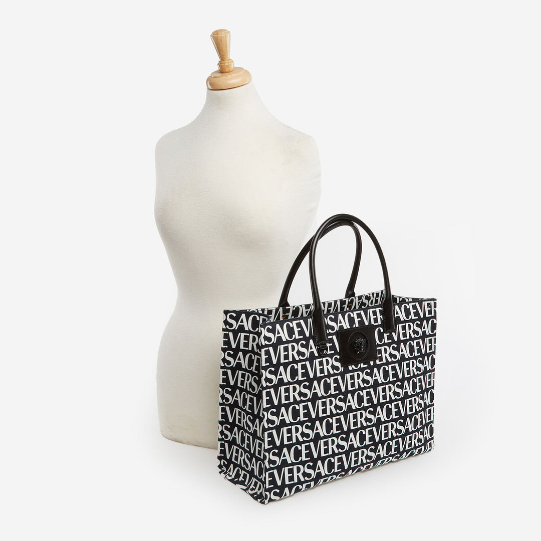 VERSACE  Black & White Logo Text Tote Bag Veronique Luxury Collections