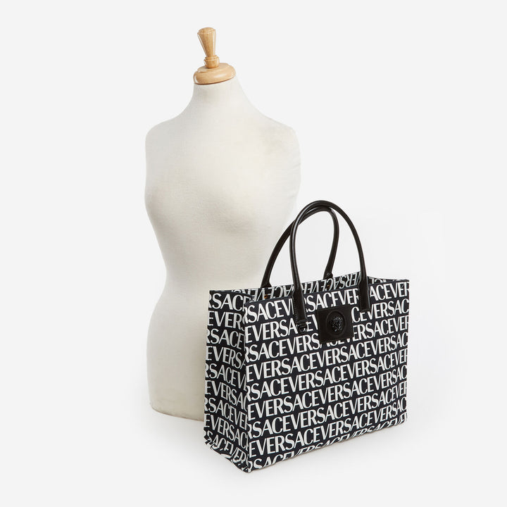 VERSACE  Black & White Logo Text Tote Bag Veronique Luxury Collections