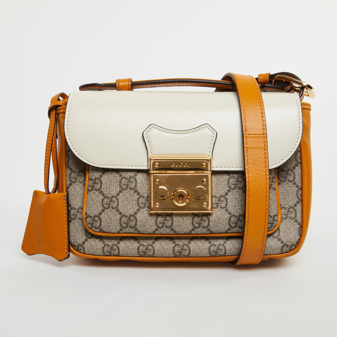 GUCCI  Tan & White Leather GG Supreme Cross Body Bag Veronique Luxury Collections