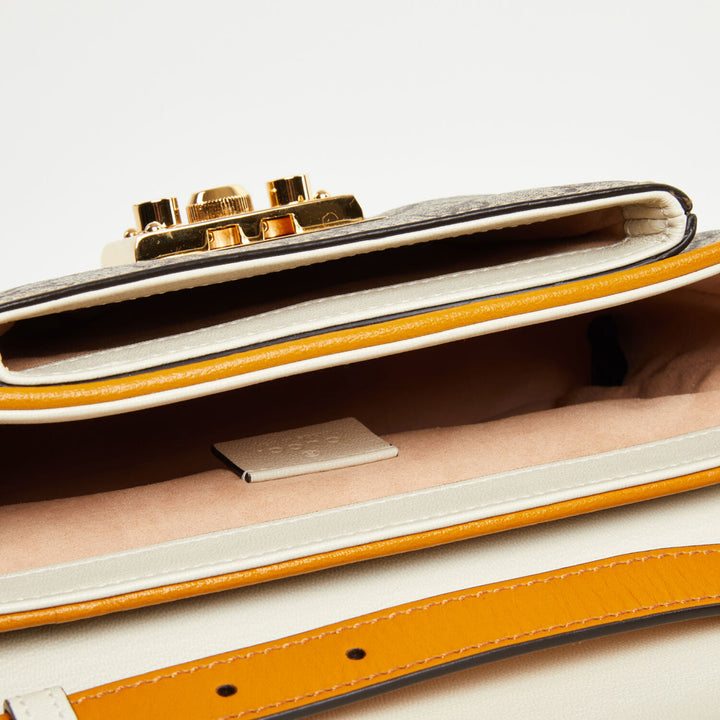 GUCCI  Tan & White Leather GG Supreme Cross Body Bag Veronique Luxury Collections