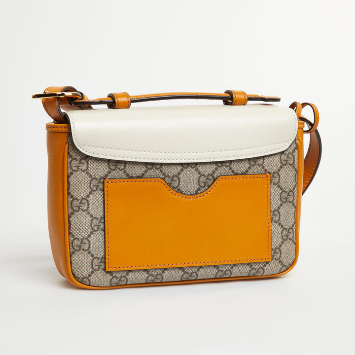 GUCCI  Tan & White Leather GG Supreme Cross Body Bag Veronique Luxury Collections