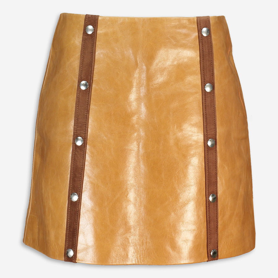 DE LA VALI  Tan Leather Mandy Mini Skirt Veronique Luxury Collections
