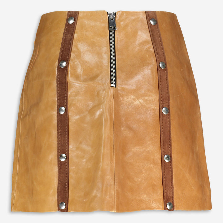 DE LA VALI  Tan Leather Mandy Mini Skirt Veronique Luxury Collections