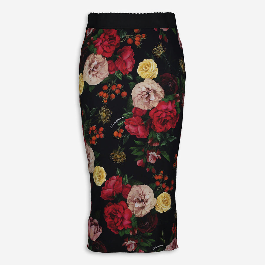 DOLCE & GABBANA  Black & Red Floral Midi Skirt Veronique Luxury Collections