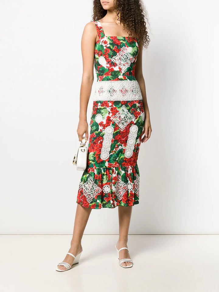 DOLCE & GABBANA  Red & Green Floral Midi Dress Veronique Luxury Collections