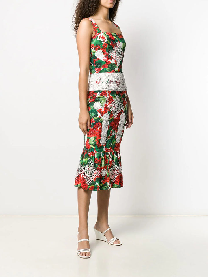 DOLCE & GABBANA  Red & Green Floral Midi Dress Veronique Luxury Collections