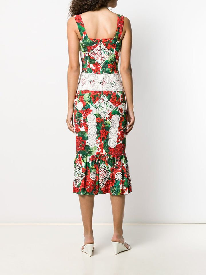DOLCE & GABBANA  Red & Green Floral Midi Dress Veronique Luxury Collections
