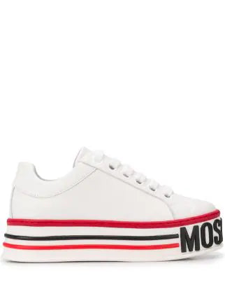Copy of MOSCHINO MILANO  White Leather Cassetta Trainers logo-embossed platform sneakers Veronique Luxury Collections