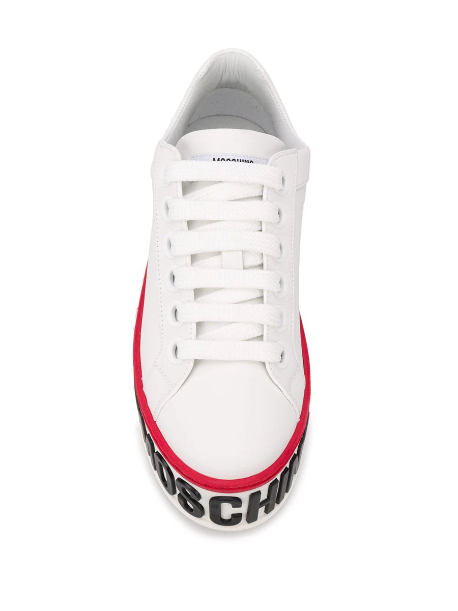 Copy of MOSCHINO MILANO  White Leather Cassetta Trainers logo-embossed platform sneakers Veronique Luxury Collections