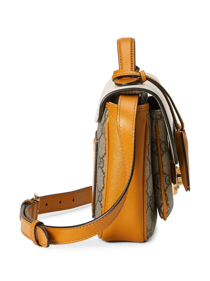 GUCCI  Tan & White Leather GG Supreme Cross Body Bag Veronique Luxury Collections