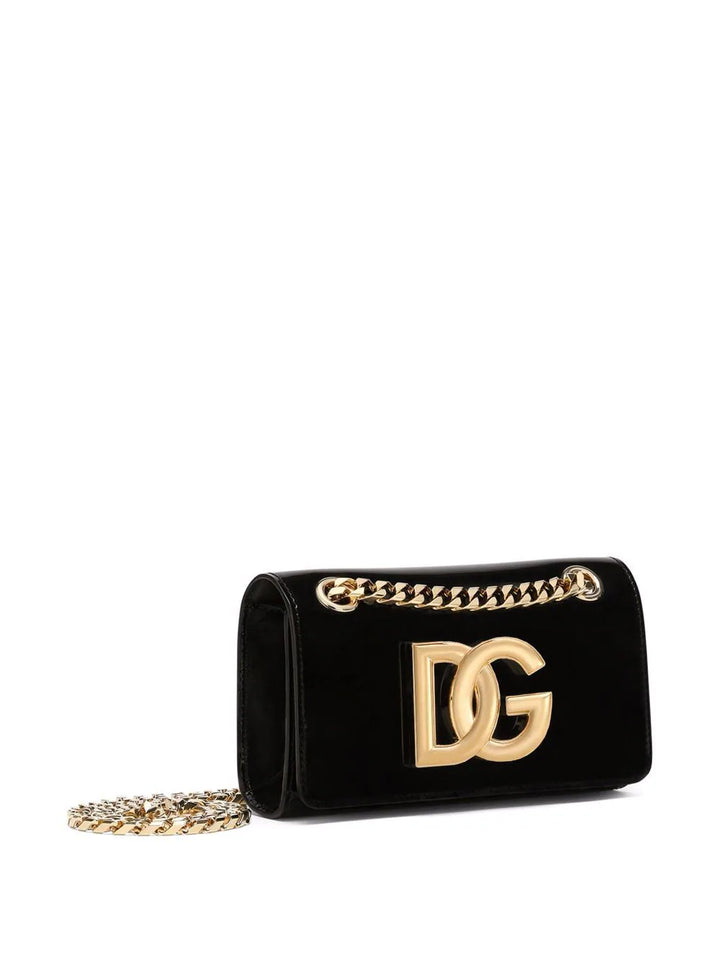 DOLCE & GABBANA Black & Gold Tone Logo 3.5 polished leather Phone Bag Veronique Luxury Collections