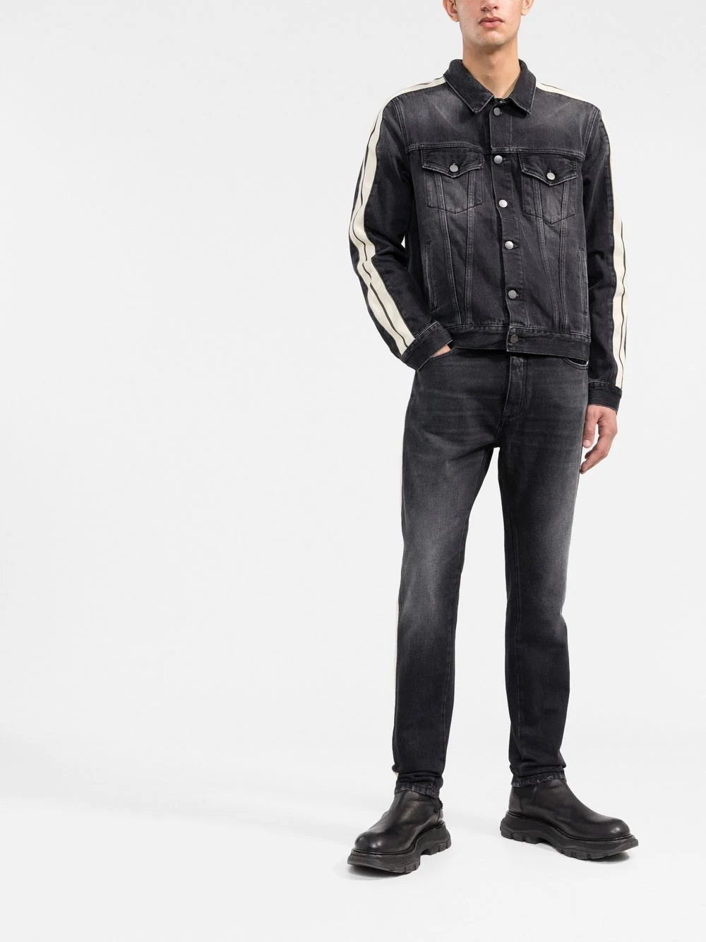PALM ANGELS  Black Side Stripe Denim Jacket Veronique Luxury Collections