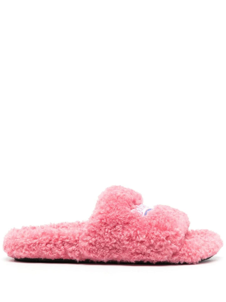 Balenciaga embroidered-logo faux-fur slides Veronique Luxury Collections