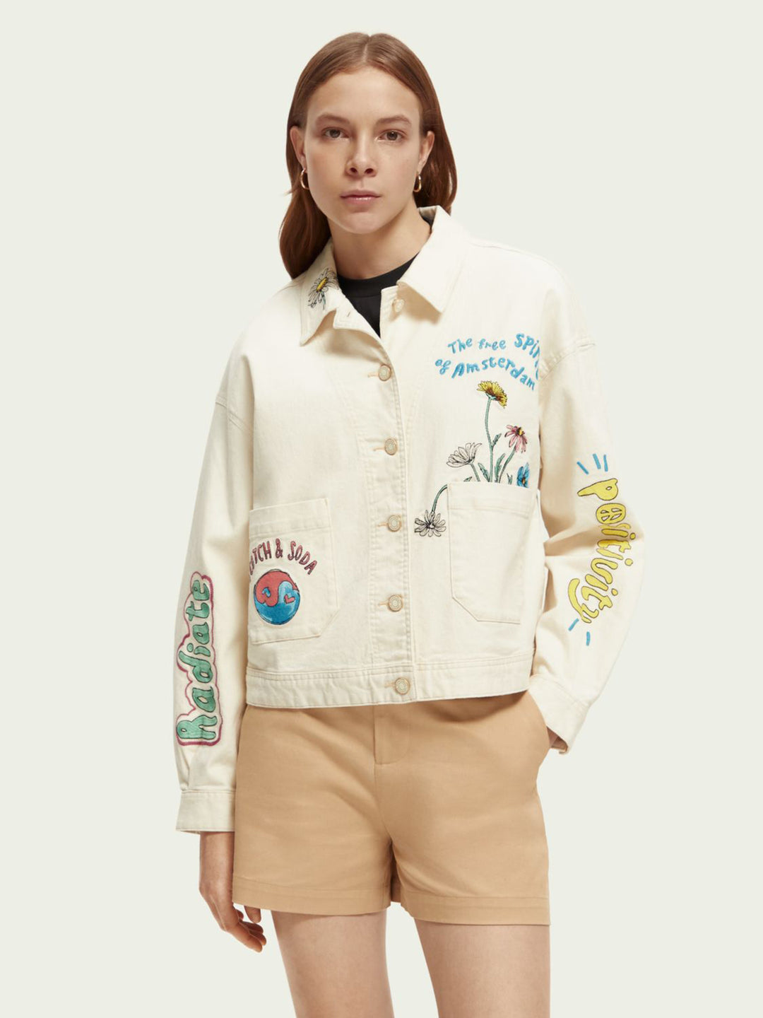 SCOTCH & SODA  Cream Embroidered Detail Denim Jacket Veronique Luxury Collections