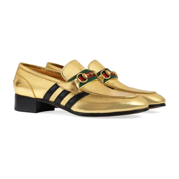 GUCCI X ADIDAS  Gold & Black Leather Quentin Snaffle Loafers Veronique Luxury Collections