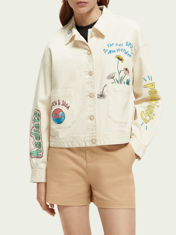 SCOTCH & SODA  Cream Embroidered Detail Denim Jacket Veronique Luxury Collections