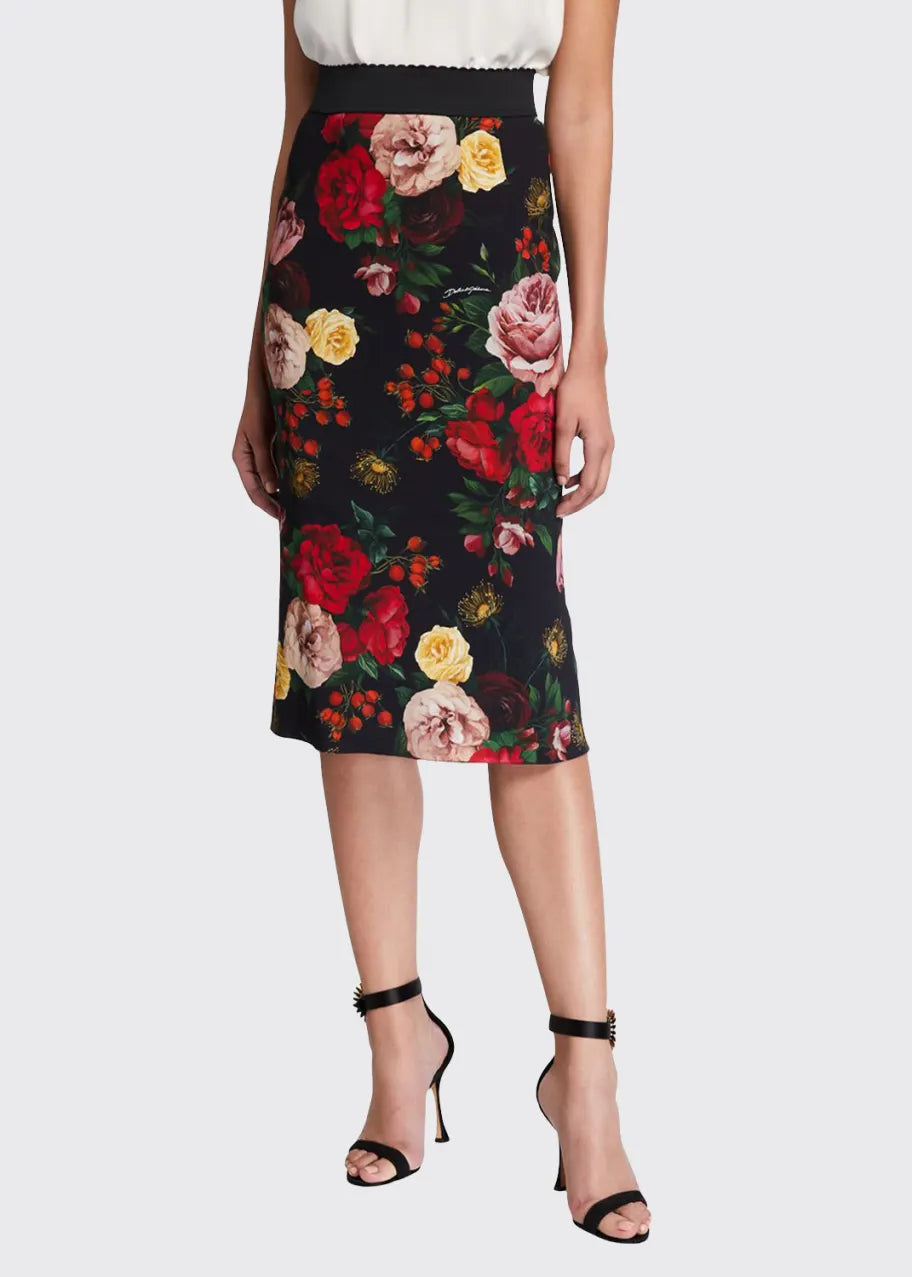 DOLCE & GABBANA  Black & Red Floral Midi Skirt Veronique Luxury Collections