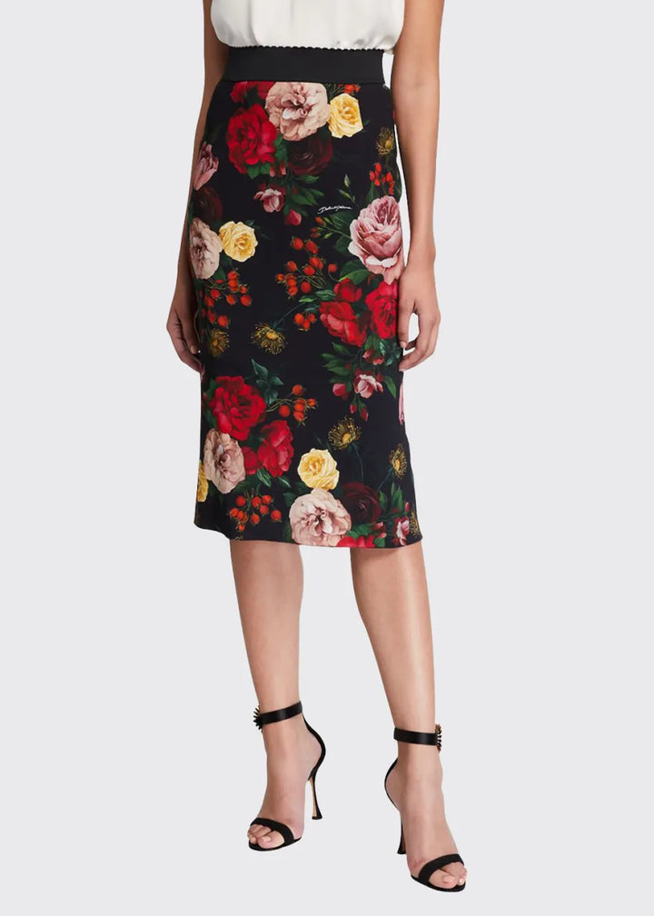 DOLCE & GABBANA  Black & Red Floral Midi Skirt Veronique Luxury Collections