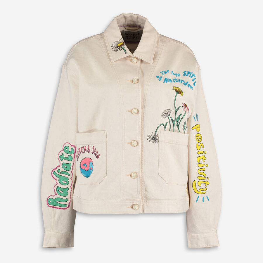 SCOTCH & SODA  Cream Embroidered Detail Denim Jacket Veronique Luxury Collections