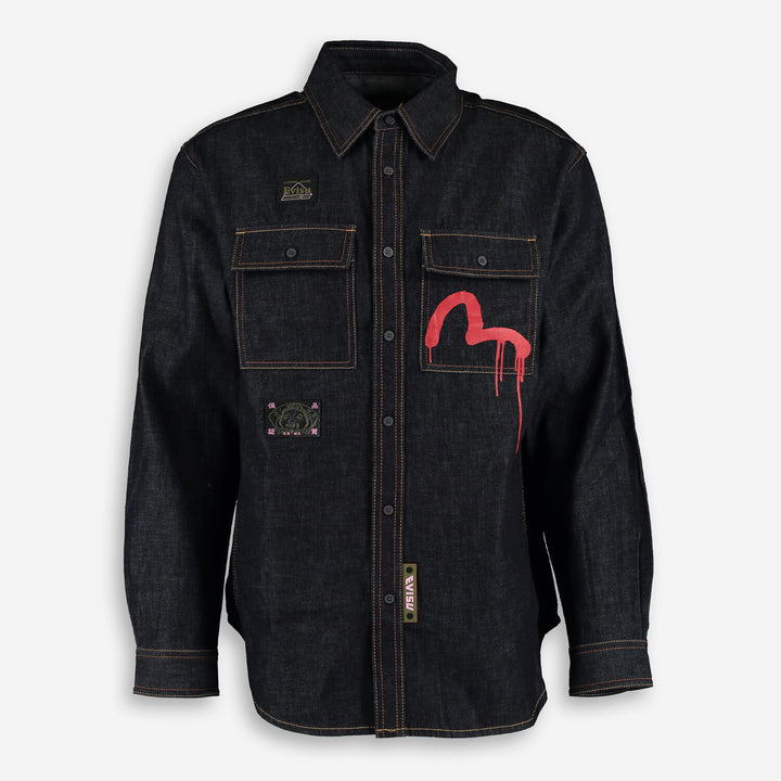 EVISU  Navy & Red Paint Splatter Denim Overshirt Veronique Luxury Collections