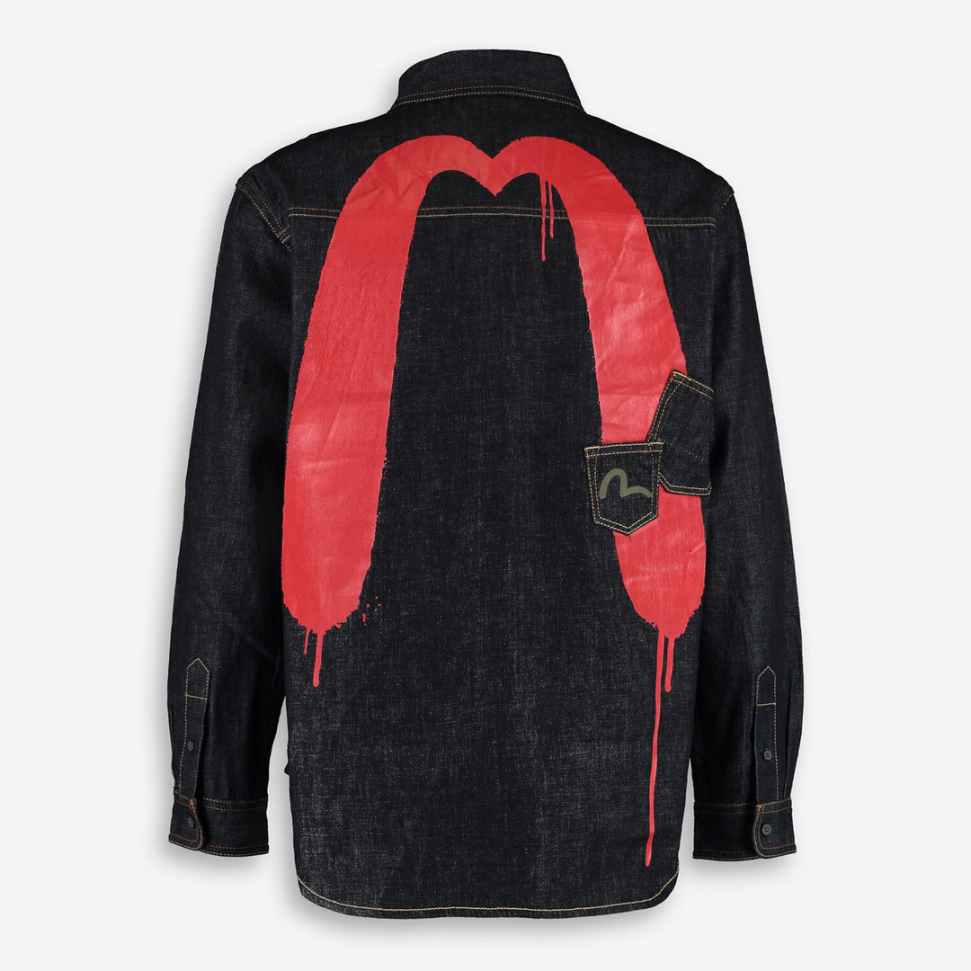 EVISU  Navy & Red Paint Splatter Denim Overshirt Veronique Luxury Collections