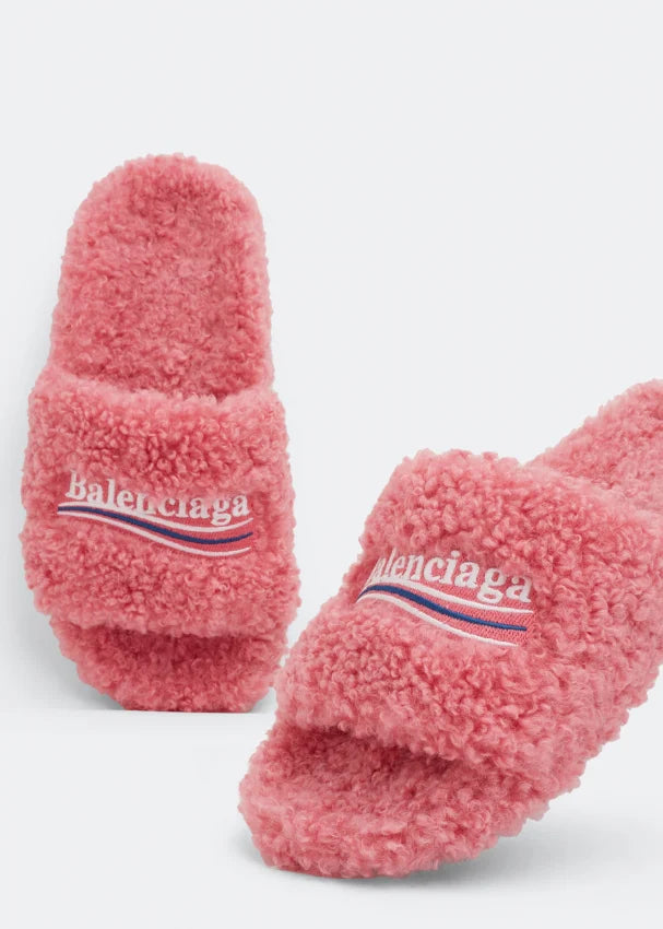 Balenciaga embroidered-logo faux-fur slides Veronique Luxury Collections