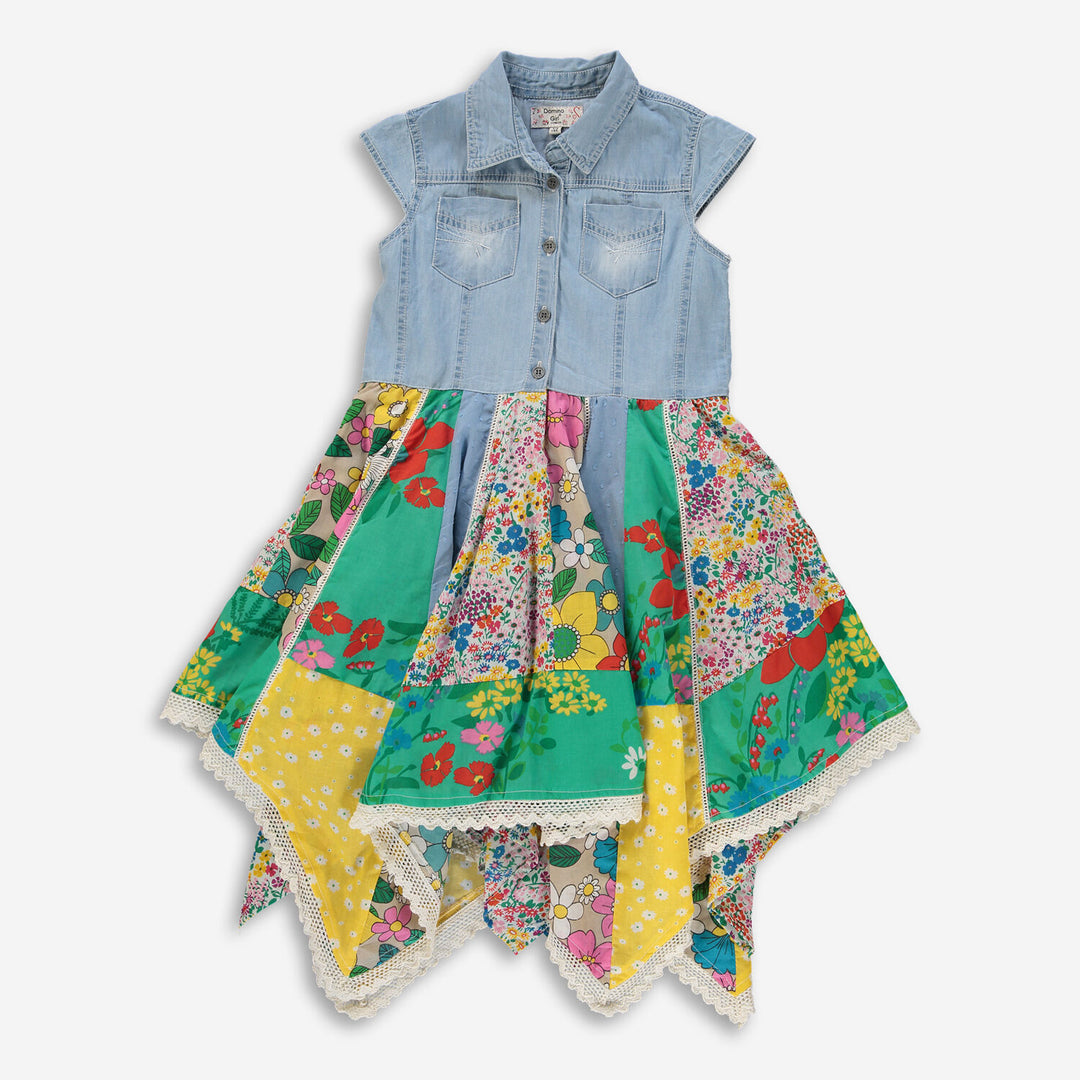 DOMINO GIRL  Multi Denim Top Flower Print Hanky Hem Dress Veronique Luxury Collections