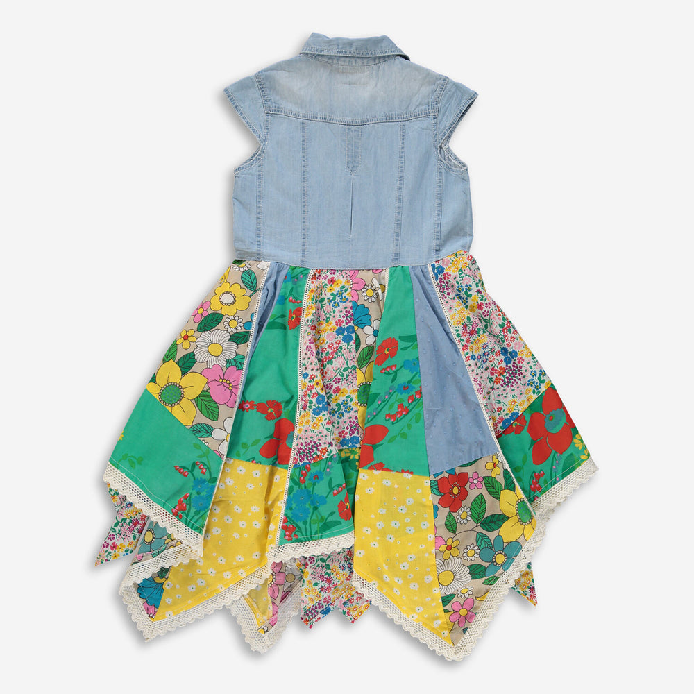 DOMINO GIRL  Multi Denim Top Flower Print Hanky Hem Dress Veronique Luxury Collections
