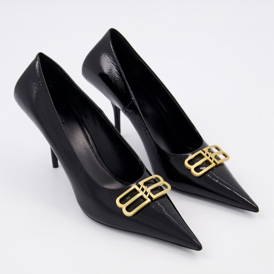 BALENCIAGA  Black Leather Double B Heels Veronique Luxury Collections