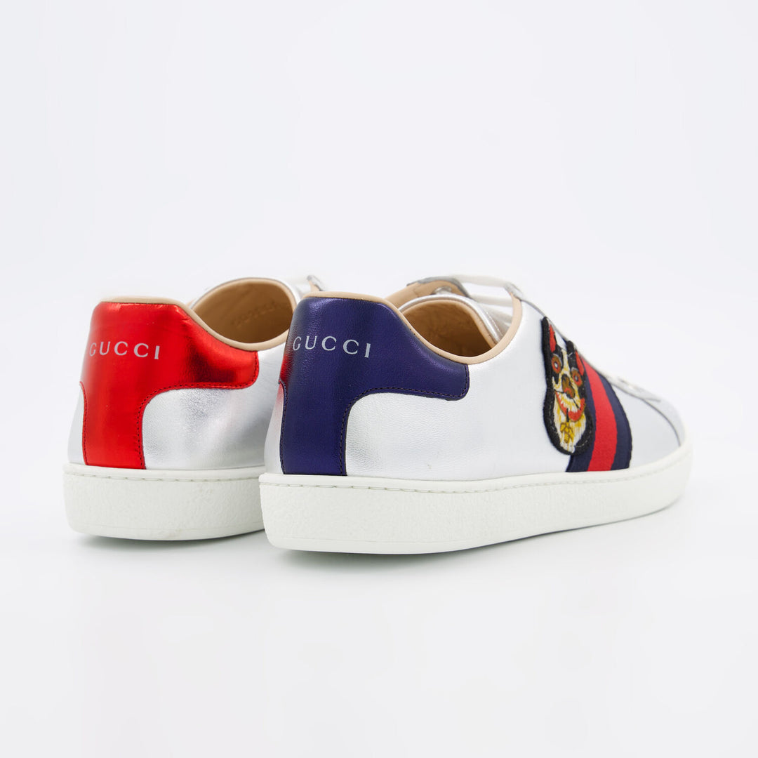 GUCCI  Silver Tone Leather Ace Dog Trainers Veronique Luxury Collections
