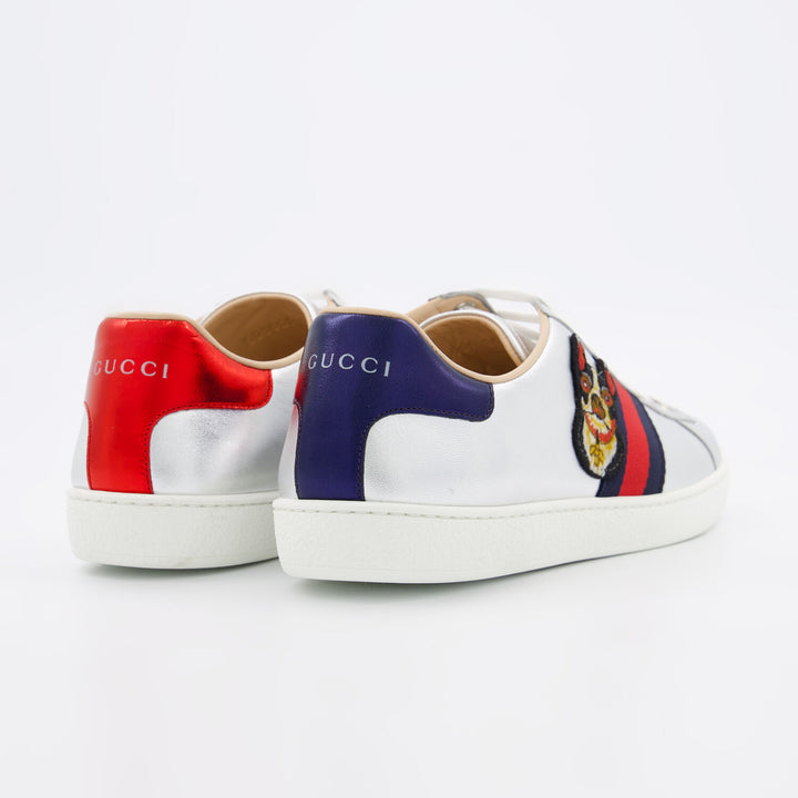 GUCCI  Silver Tone Leather Ace Dog Trainers Veronique Luxury Collections