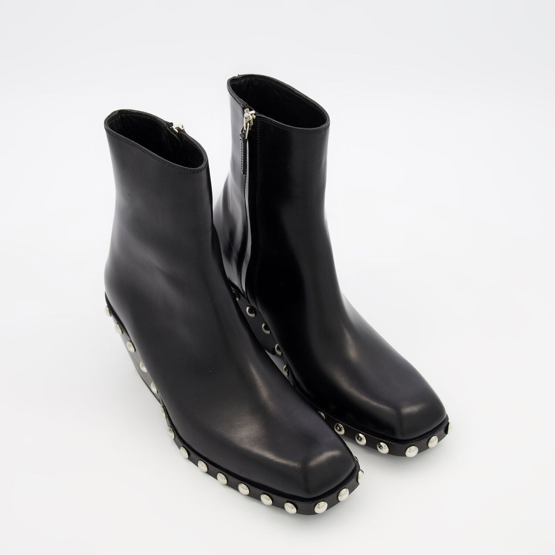 KHAITE  Black Leather Studded Heeled Ankle Boots Veronique Luxury Collections