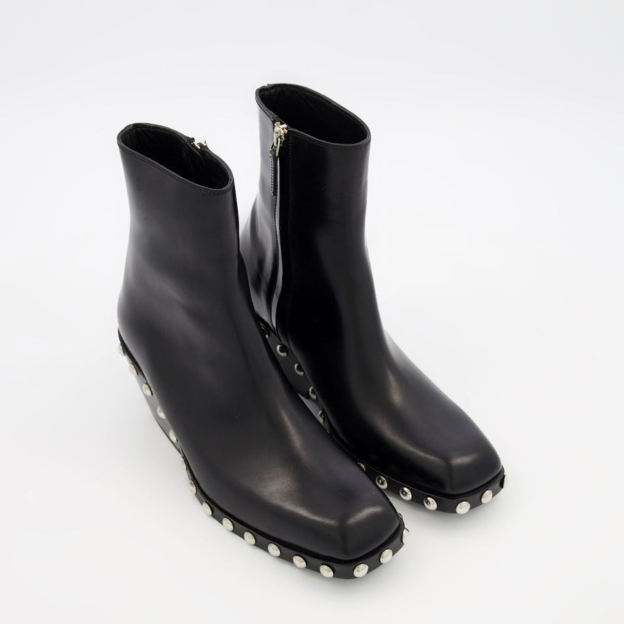 KHAITE  Black Leather Studded Heeled Ankle Boots Veronique Luxury Collections