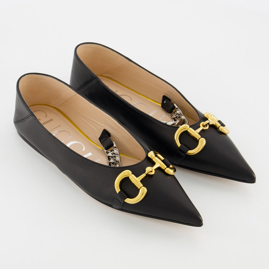 GUCCI  Black Leather Horsebit Ballet Flats Veronique Luxury Collections
