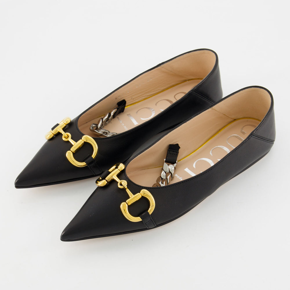 GUCCI  Black Leather Horsebit Ballet Flats Veronique Luxury Collections