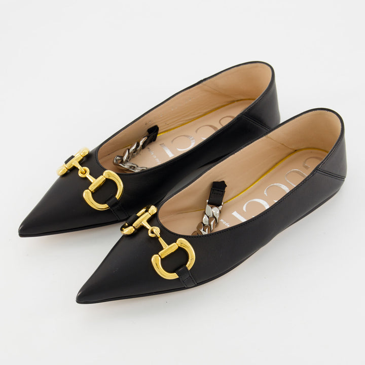 GUCCI  Black Leather Horsebit Ballet Flats Veronique Luxury Collections