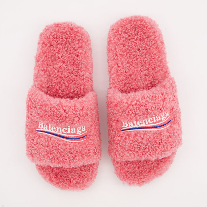 Balenciaga embroidered-logo faux-fur slides Veronique Luxury Collections