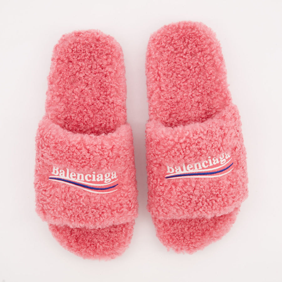 Balenciaga embroidered-logo faux-fur slides Veronique Luxury Collections