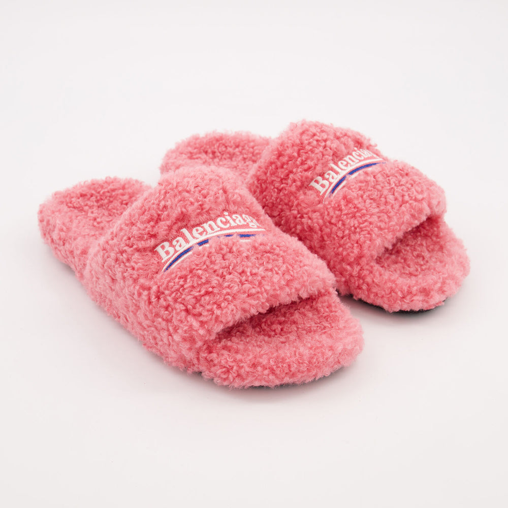 Balenciaga embroidered-logo faux-fur slides Veronique Luxury Collections
