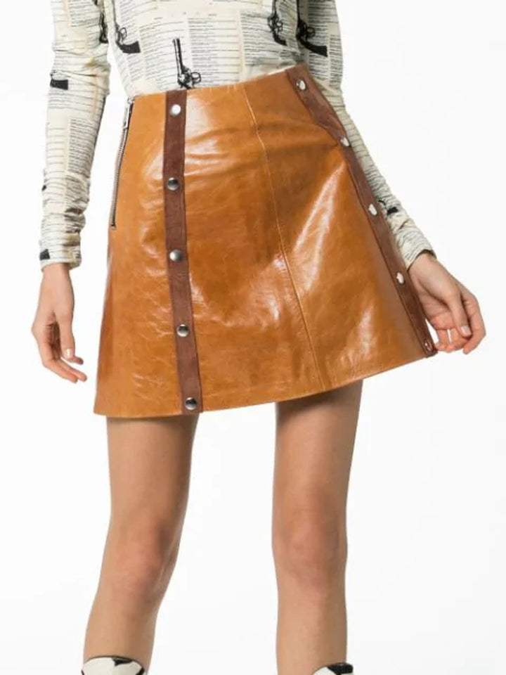 DE LA VALI  Tan Leather Mandy Mini Skirt Veronique Luxury Collections