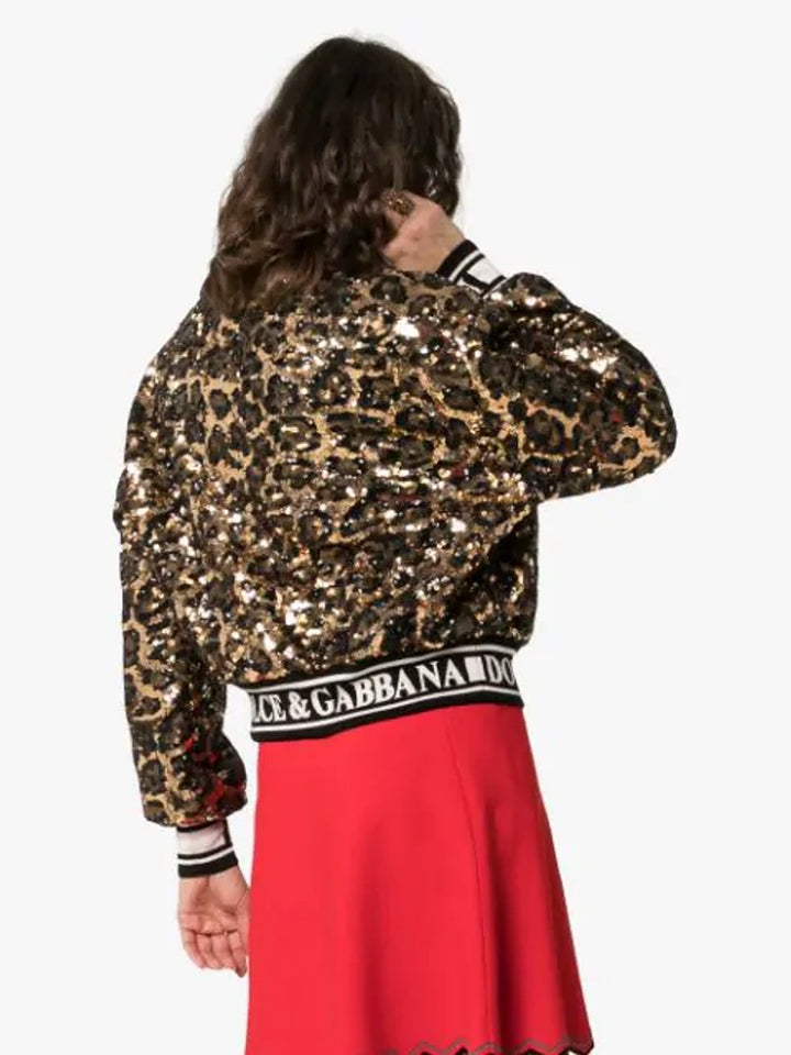 Dolce & Gabbana Sequin Embellished Leopard Print Bomber Jacket Veronique Luxury Collections