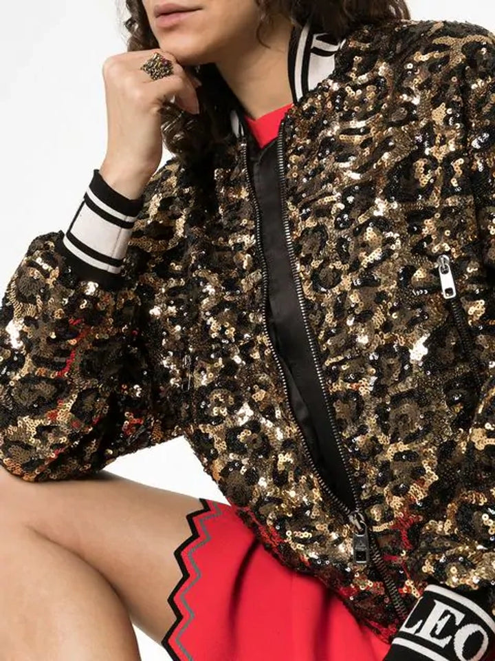 Dolce & Gabbana Sequin Embellished Leopard Print Bomber Jacket Veronique Luxury Collections