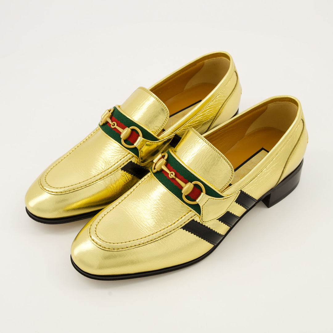 GUCCI X ADIDAS  Gold & Black Leather Quentin Snaffle Loafers Veronique Luxury Collections