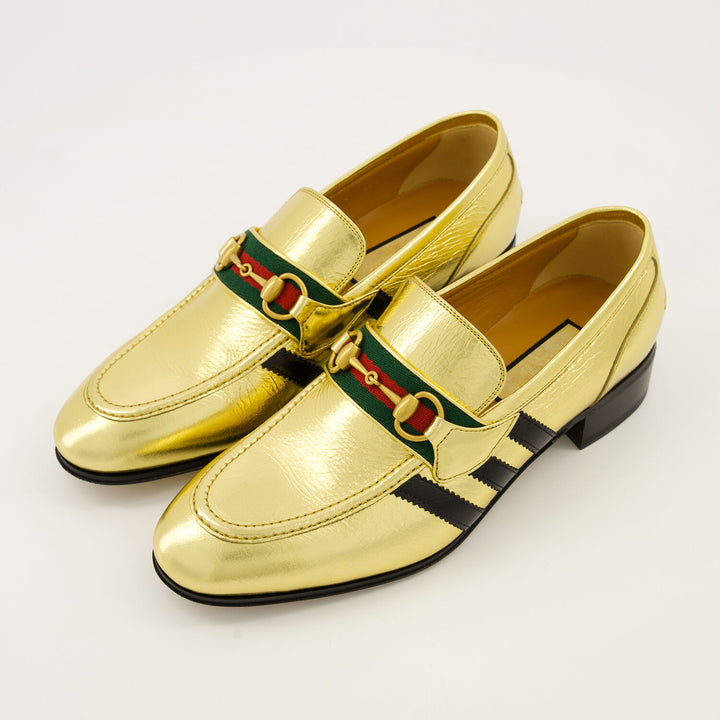 GUCCI X ADIDAS  Gold & Black Leather Quentin Snaffle Loafers Veronique Luxury Collections