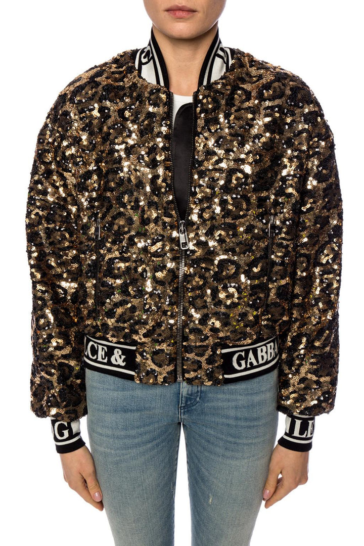 Dolce & Gabbana Sequin Embellished Leopard Print Bomber Jacket Veronique Luxury Collections